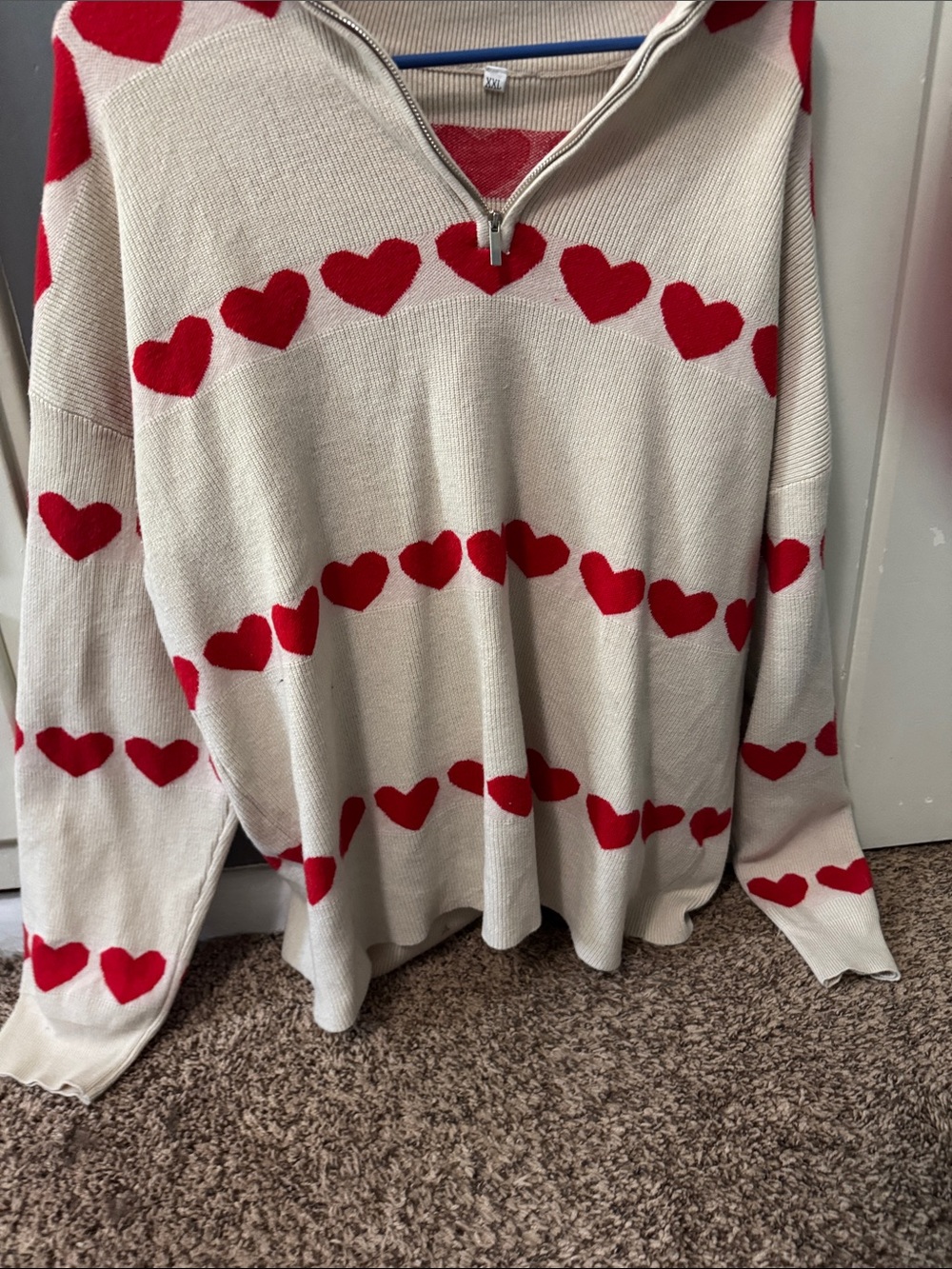 Women's Cream Half-Zip Sweater with Red Heart Pattern
